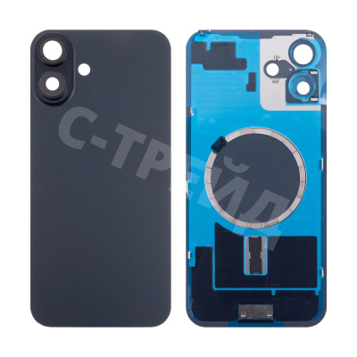 Задняя крышка для iPhone 16 Plus (A3290) в сборе со стеклом камеры Черный (стекло, монолит, MagSafe, логотип) - Премиум