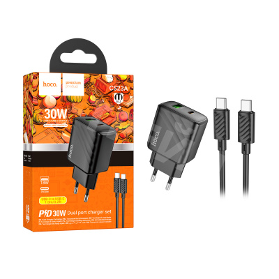 Сетевое зарядное устройство USB/Type-C Hoco CS23A (30W, QC3.0, PD, 2 порта, кабель Type-C-Type-C) Черный