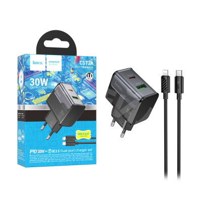 Сетевое зарядное устройство USB/Type-C Hoco CS73A (30W, QC3.0, PD, 2 порта, кабель Type-C-Lightning) Черный