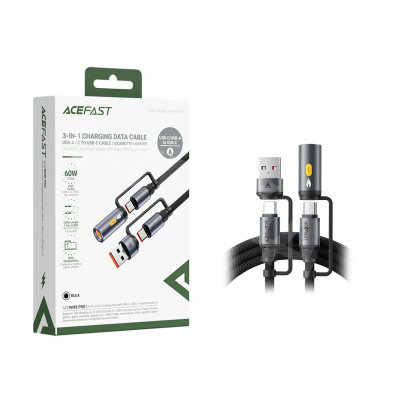 Кабель Type-C - 3 в 1 (Type-C+USB+прикуриватель) Acefast J6 (3A, 60W, оплетка нейлон, 1,2 м) Черный