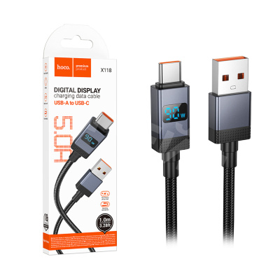 Кабель USB - Type-C Hoco X118 (5А, оплетка нейлон, с дисплеем) Черный