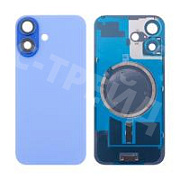 Задняя крышка для iPhone 16 (A3287) в сборе со стеклом камеры Голубой (стекло, монолит, MagSafe, логотип) - Премиум