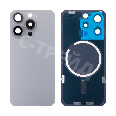 Задняя крышка для iPhone 15 Pro (A3102) в сборе со стеклом камеры Серый (стекло, монолит, MagSafe, логотип) - Премиум