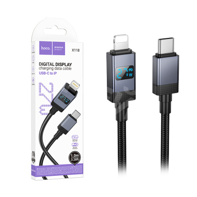 Кабель Type-C - Lightning Hoco X118 (3A, 27W, PD, оплетка нейлон, с дисплеем) Черный