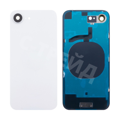 Задняя крышка для iPhone 16e (A3408/A3409/A3410/A3212) в сборе со стеклом камеры Белый (стекло, логотип) - Премиум