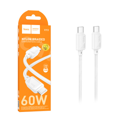 Кабель Type-C - Type-C Hoco X113 (3A, 60W, PD, оплетка нейлон) Белый