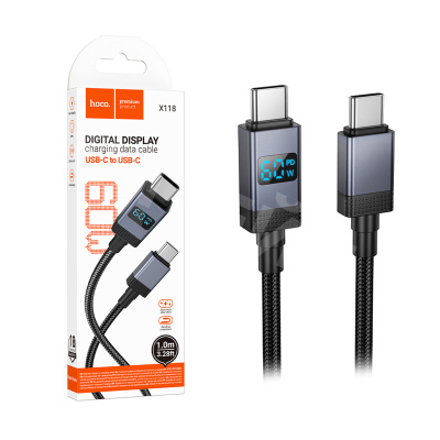 Кабель Type-C - Type-C Hoco X118 (3A, 60W, PD, оплетка нейлон, с дисплеем) Черный