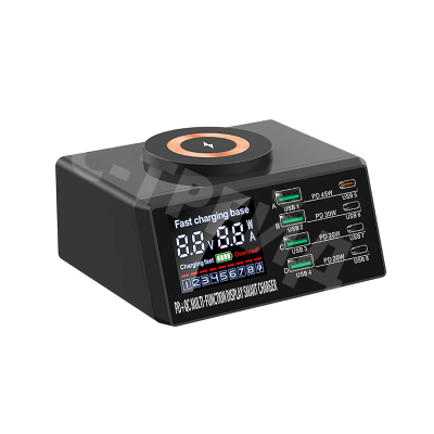 Зарядная станция (110W, 8 портов, 4USB-QC0.3/4Type-C-PD, Qi 15W, LCD)