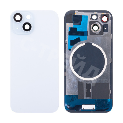 Задняя крышка для iPhone 15 (A3090) в сборе со стеклом камеры Голубой (стекло, монолит, MagSafe, логотип) - Премиум
