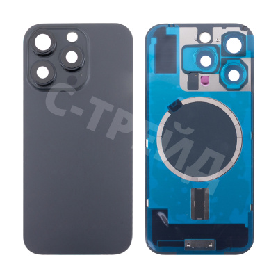 Задняя крышка для iPhone 16 Pro (A3293) в сборе со стеклом камеры Черный (стекло, монолит, MagSafe, логотип) - Премиум