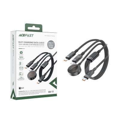Кабель Type-C - 3 в 1 (Type-C + Type-C + Беспроводная зарядка 15W) Acefast C6-11 (3A, 100W, оплетка нейлон, 1,2 м) Черный