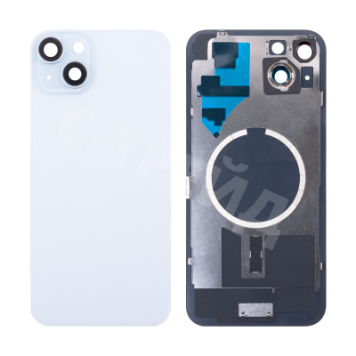 Задняя крышка для iPhone 15 Plus (A3094) в сборе со стеклом камеры Голубой (стекло, монолит, MagSafe, логотип) - Премиум
