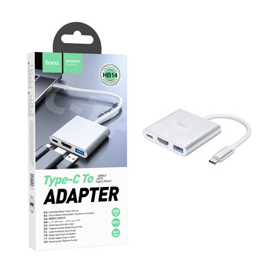 Адаптер Type-C (PD) + USB 3.0 + HDMI (HDTV) Hoco HB14 Серебро