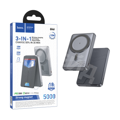 Внешний аккумулятор (Power Bank) Hoco Q46 5000mAh (20W, PD, USB-C, MagSafe 15W, держатель для карт и смартфона) Серый