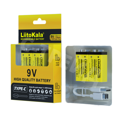 Аккумуляторные батарейки "Крона" 6LR61 LiitoKala 1100 mAh (9V, 2 шт. в кейсе, перезаряжаемые от Type-C)