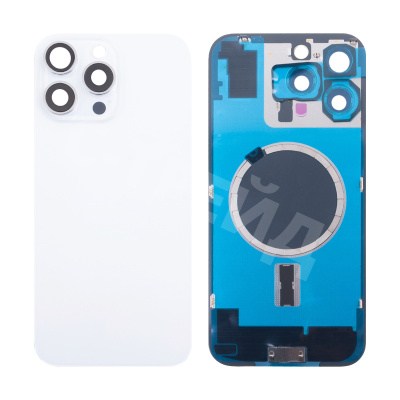 Задняя крышка для iPhone 16 Pro Max (A3296) в сборе со стеклом камеры Белый (стекло, монолит, MagSafe, логотип) - Премиум