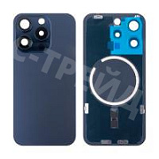 Задняя крышка для iPhone 15 Pro (A3102) в сборе со стеклом камеры Синий (стекло, монолит, MagSafe, логотип) - Премиум