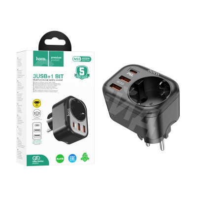 Сетевой фильтр с портами Hoco NS3 (4000W, QС3.0, PD, 1 розетка + 2 порта USB, 1 порт Type-C) Черный