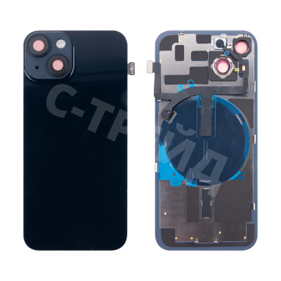 Задняя крышка для iPhone 14 (A2883) в сборе со стеклом камеры Черный (стекло, монолит, MagSafe с оригинальным шлейфом, логотип) - Премиум
