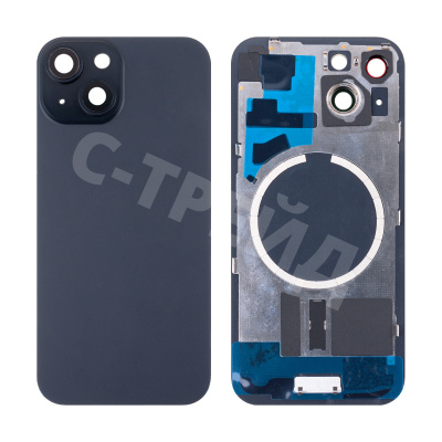 Задняя крышка для iPhone 15 (A3090) в сборе со стеклом камеры Черный (стекло, монолит, MagSafe, логотип) - Премиум