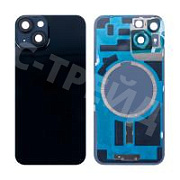 Задняя крышка для iPhone 14 (A2883) в сборе со стеклом камеры Черный (стекло, монолит, MagSafe, логотип) - Премиум