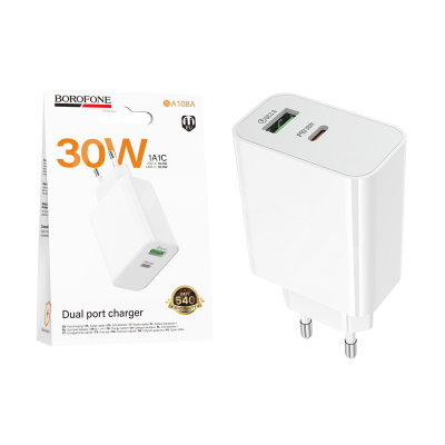 Сетевое зарядное устройство USB/Type-C Borofone BA108A (30W, QС3.0, PD, 2 порта) Белый