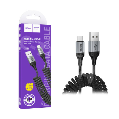 Кабель USB - Type-C Hoco X121 (3A, 1.5 м, пружина) Черный