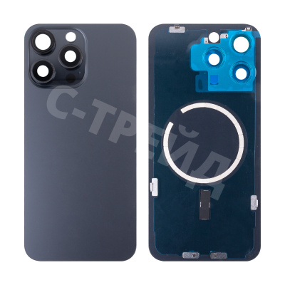 Задняя крышка для iPhone 15 Pro Max (A3106) в сборе со стеклом камеры Черный (стекло, монолит, MagSafe, логотип) - Премиум